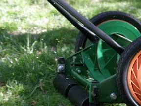 push mower with grass flying
